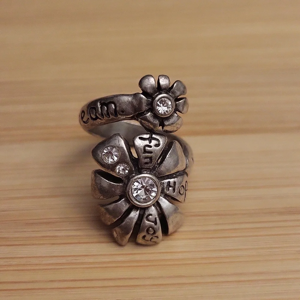 Beautiful Pewter Double Flower Rhinestone Adjustable Ring